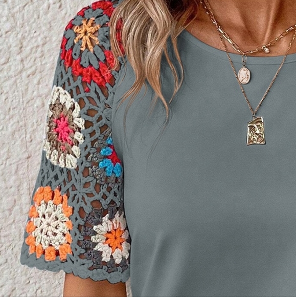 Crochet Patchwork Colorful Granny Square Open Knit Top Short Sleeve Boho Shirt - Picture 9 of 11